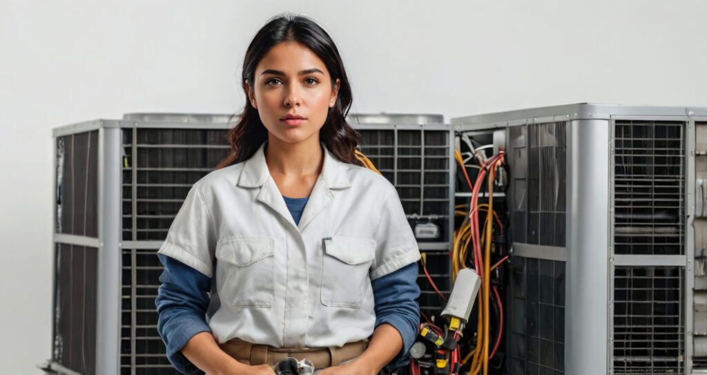 Female HVAC technician. Portrait of confident female technician standing with arms crossed.